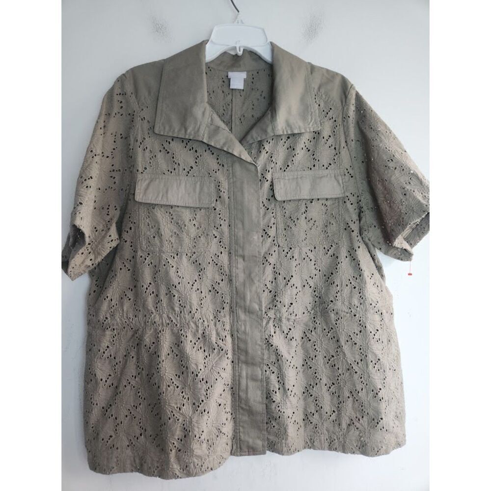 Chico's Green 100% Cotton Open Floral Eyelet Button Zipper Shirt/Jacket size 18